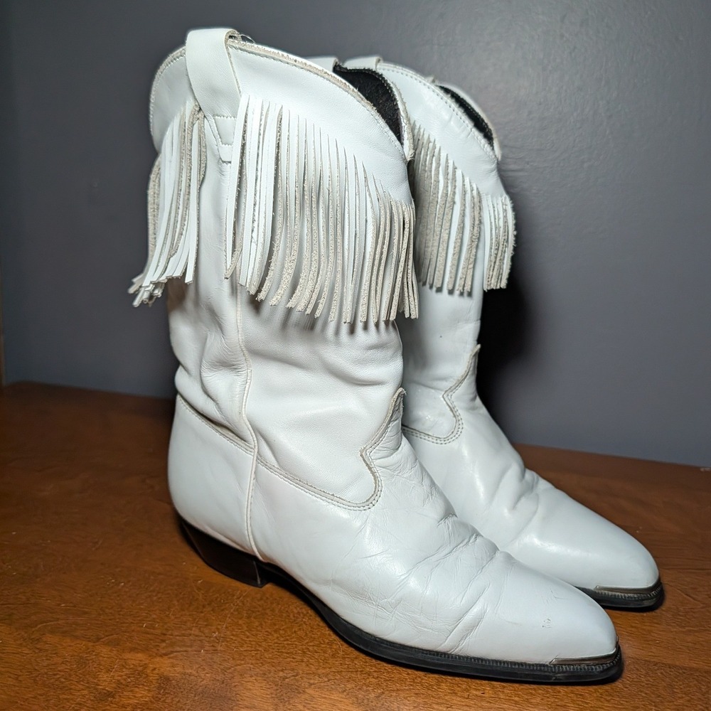 Durango Vintage White Leather Fringe Western Cowgirl Boots Metal Toe 6.5M